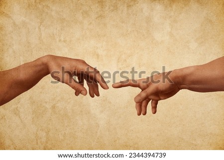 Two hands together. Hand of God painting. Iconic old painting filled with lots of art. Art on old background.
 Royalty-Free Stock Photo #2344394739