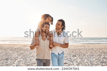 Gay couple, piggyback and relax with family at beach for seaside holiday, support and travel mockup. Summer, vacation and love with men and child in nature for lgbtq, happiness and bonding together Royalty-Free Stock Photo #2344397041