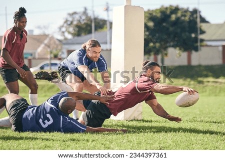 Rugby, sports and score with a team on a field together for a game or match in preparation of a competition. Fitness, health and try with a group of men outdoor on grass for club training or practice Royalty-Free Stock Photo #2344397361