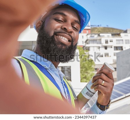 Engineer, selfie and smile of a man outdoor in a city for architecture, building and construction. Face of a happy African male worker or technician for social media, profile picture or development