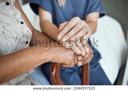 Support, nurse and holding hands with senior patient for hope, empathy and healthcare. Medical, compassion and kindness with closeup of people in nursing home for volunteer, help and retirement