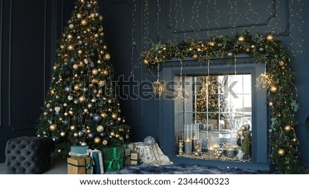 Christmas and New Year interior decoration. Green tree decorated with toys, flashing garland, illuminated lamps. Xmas tree. Cozy Christmas atmosphere