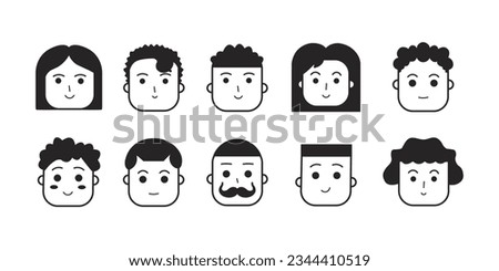Vector illustration of woman man characters, facial portraits set. Flat simple doodle style heads with different faces, hair, skin, nationality, races, hairstyle isolated on white background