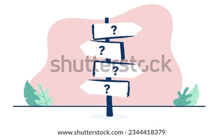 Crossroad vector sign - Illustration of signpost pointing in different direction with question marks. Flat design on white background Royalty-Free Stock Photo #2344418379