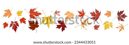 Fall or autumn maple leaves in red orange and yellow design element. Fall vector illustration of colorful tree branch with texture grunge. Autumn clip art. Underline or border design that can repeat.