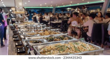 people waiting for group catering buffet food indoor in luxury restaurant with meat colorful fruits and vegetables