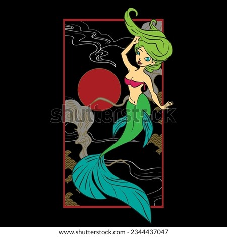Lovely mermaid with little turtle, vector illustration, children artworks, wallpapers, posters, greeting cards prints.