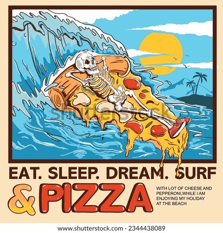Skull, skeleton, lying on a slice, and surfing on big wave, on a sunny day, he also dreaming of cheese peperoni, sausage, mushroom toppings on his pizza, on a holiday. Royalty-Free Stock Photo #2344438089