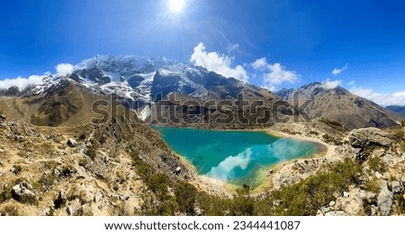 Lagoon and snowy Humantay is located at an altitude of 4200 msnm in Cusco, Peru. Royalty-Free Stock Photo #2344441087