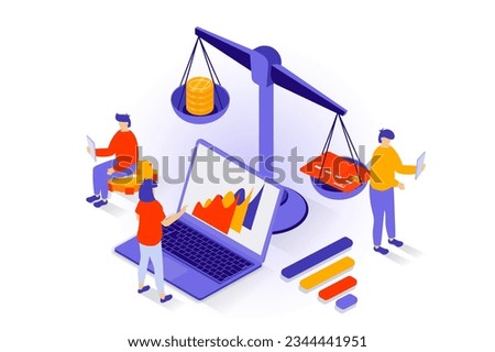 Business and marketing concept in 3d isometric design. People working in e-commerce, developing company, accounting and creating ad campaign. Vector illustration with isometry scene for web graphic