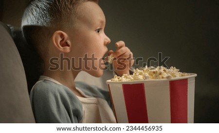Preschooler boy eats tasty popcorn with pleasure staring at interesting cartoons