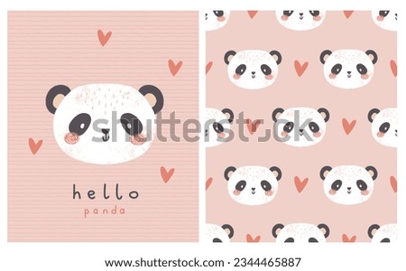 cute hand drawn panda bear, vector card and seamless pattern background, kids pink decorative greeting illustration with cute red hearts and hello word