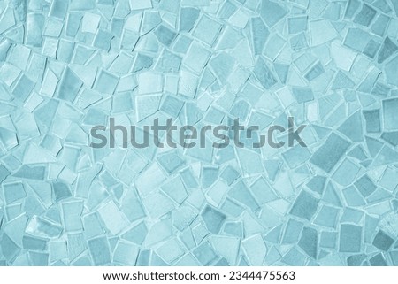 Real photo of broken tiles mosaic. High-resolution blue tile floor texture interior background. Seamless pattern for kitchen wallpapers, cement tile, stone road with blue tile floor and brick texture.