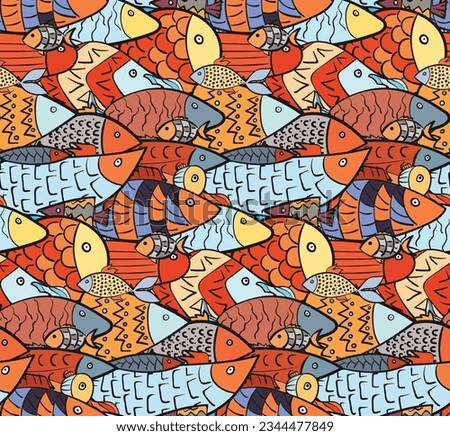 Cute seamless pattern with mess of bright red and blue overlay decorated fishes. Stylized doodle bright aquarium or river fish texture for kids textile, swimwear, wrapping paper, background, surface