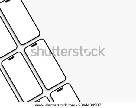 set of diagonal phone 14 pro mockup screen devices on the left side with space for text isolated on white background. collection of smartphone mockup blank screen isolated with clipping path on white
