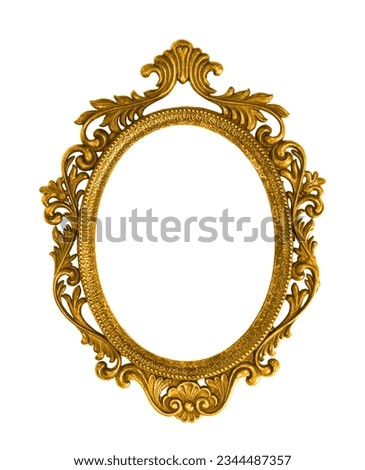 Golden oval baroque style picture frame isolated cutout on white background