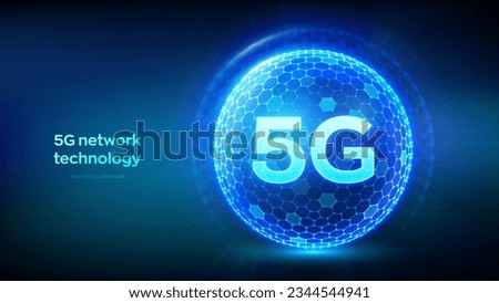 5G network wireless systems, internet of things technology concept. Abstract 3D sphere or globe with surface of hexagons. Smart city. 5G wireless mobile internet wifi connection. Vector Illustration. Royalty-Free Stock Photo #2344544941