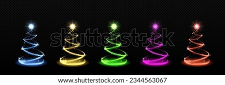 Light Christmas tree with star sparkle vector set in gold, blue, red, green and purple. New year glow glitter decoration isolated on black background. Modern winter magic ribbon shine pine symbol