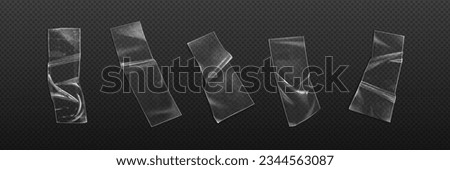 Realistic set of adhesive plastic tape isolated on transparent background. Vector illustration of crumpled sticky strip for packaging, fixing of damage, wrinkled cellophane strips, glued patches Royalty-Free Stock Photo #2344563087