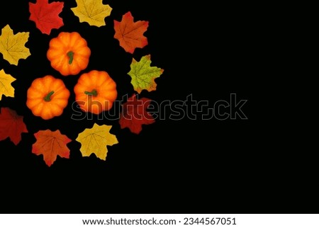 Halloween composition - three pumpkins and colorful leaves on a black background in the left upper corner