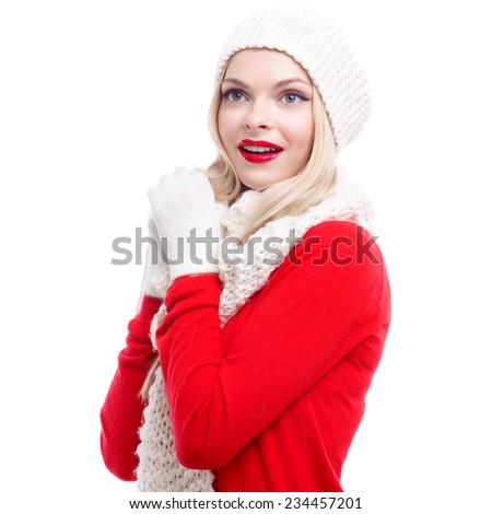 xmas, christmas, winter holidays, people, happiness concept - bright picture of smiling happy beautiful woman in hat, muffler and gloves white isolated background 
