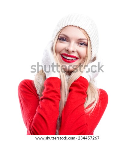 xmas, christmas, winter holidays, people, happiness concept - bright picture of smiling happy beautiful woman in hat, muffler and gloves white isolated background 