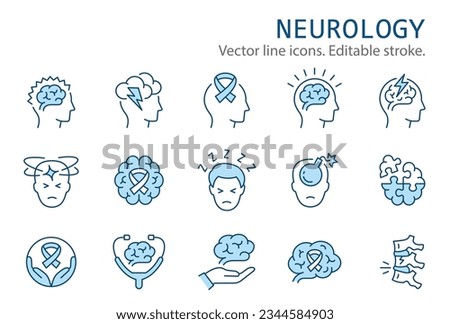 Neurology flat icons, such as stress, dementia, multiple sclerosis, epilepsy and more. Editable stroke. Royalty-Free Stock Photo #2344584903