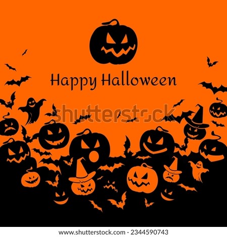 Halloween banner with black bats, pumpkins and ghosts on the orange background. Illustration with text.
