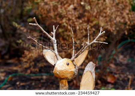 Color DSLR picture of a wooden Reindeer Christmas Decoration, showing its head and antlers.  The carving is in horizontal orientation with copy space for text.