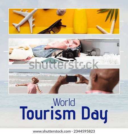 World tourism day text with travel items and senior biracial couple taking pictures on beach. Celebration of global tourism promoting values and cultural awareness digitally generated image.