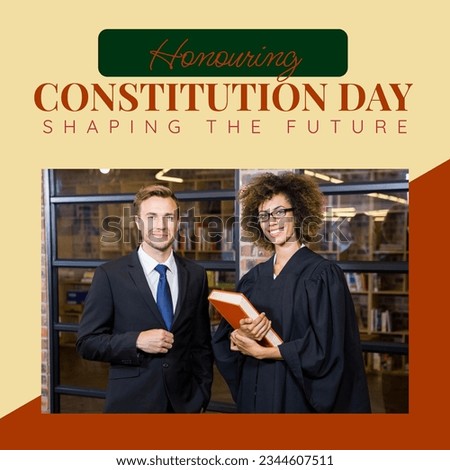 Composite of honouring constitution day text over diverse lawyers and businesspeople. Constitution, independence, democracy and celebration concept digitally generated image.