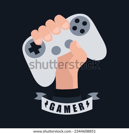 Gamer Holding White Video Game Controller, Vector Illustration