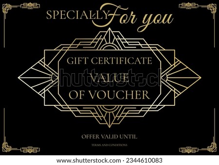 Specially for you gift certificate text, holding text and deco pattern in gold on black. Art deco, gift voucher certificate template concept digitally generated image. Royalty-Free Stock Photo #2344610083
