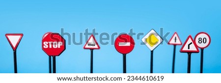 road signs on blue background, traffic laws and regulations for educational materials,banner