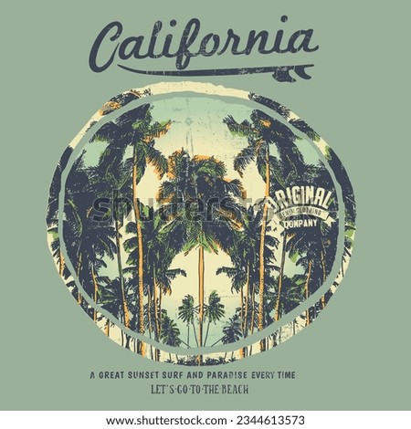 California palm beach vector T-shirt design, Vector illustration on the theme of surf and surfing in Florida, Miami Beach. Vintage design. Grunge background. Typography, t-shirt graphics, poster,