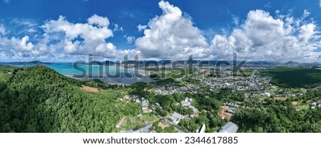 Aerial view drone photography High angle view of Phuket city near the sea, Phuket province Thailand, Panorama of phuket city thailand in sunny day