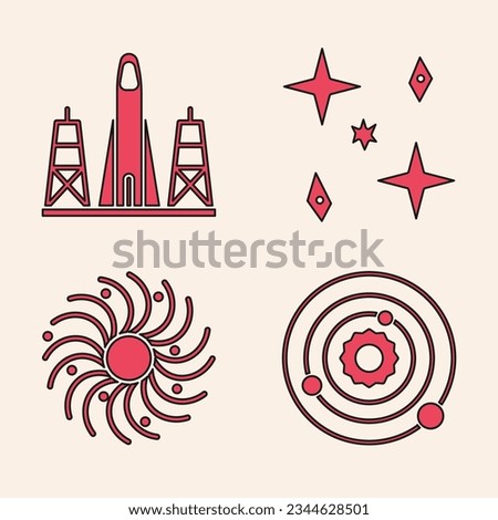 Set Solar system, Rocket launch from the spaceport, Falling stars and Black hole icon. Vector