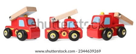 Fire engine isolated on white, different angles. Collage design with children's toy