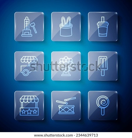 Set line Ticket box office, Drum with drum sticks, Lollipop, Paper glass water, Ferris wheel, Fast street food cart, Striker attraction hammer and Ice cream icon. Vector Royalty-Free Stock Photo #2344639713