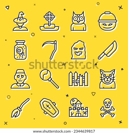Set line Skull on crossbones, Cat, Knife, Owl bird, Scythe, Eye in jar, Witch and Funny and scary ghost mask icon. Vector