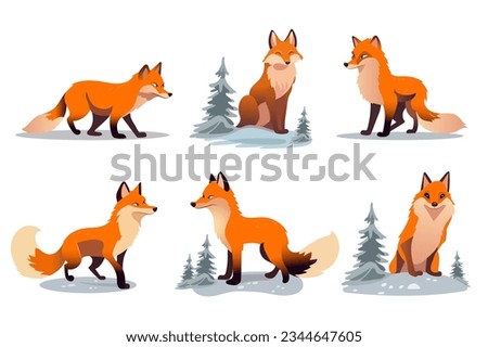 Set of fox in the flat cartoon design. A charming set of fox illustrations with an exciting artistic design in shades of orange. Vector illustration.