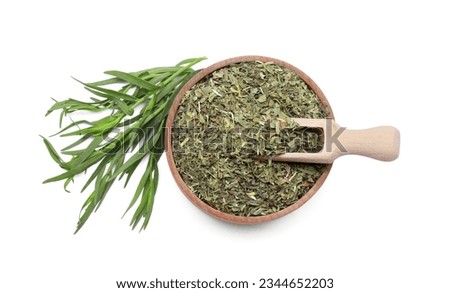Bowl of dry tarragon, scoop and fresh leaves isolated on white, top view Royalty-Free Stock Photo #2344652203