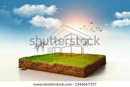 3D land sign against lawn on cubicle soil and geology cross section with green grass, ground ecology isolated on light color real estate sale, property investment concept. 3d illustration Royalty-Free Stock Photo #2344667197