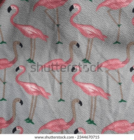 painting of pink birds colorful on gray fabric