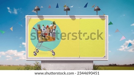 Vintage style grocery shopping advertisement on billboard with happy housewife holding a bag full of groceries