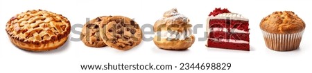 Fresh and delicious bakery desserts and sweets, closeup, isolated on white background. apple pie, chocolate chip cookies, cream puff, red velvet cake, cupcake. Bakery food set and collection, closeup. Royalty-Free Stock Photo #2344698829