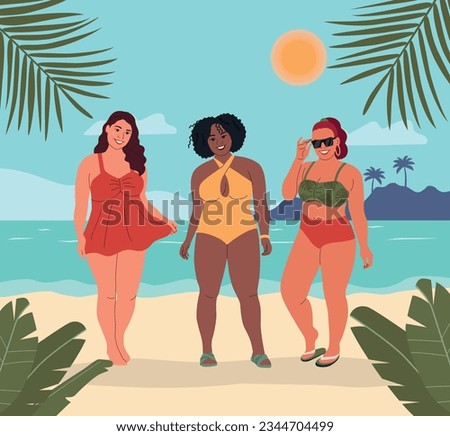 Young plus size women in bikini isolated. Beach scene. Vector flat illustration Royalty-Free Stock Photo #2344704499