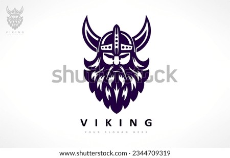 Viking and anchor logo. Scandinavian sailors symbol. Nordic warrior design. Horned Norseman symbol. Barbarian man head icon with horn helmet and beard. Royalty-Free Stock Photo #2344709319