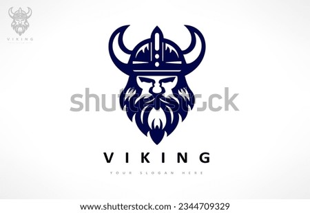Viking and anchor logo. Scandinavian sailors symbol. Nordic warrior design. Horned Norseman symbol. Barbarian man head icon with horn helmet and beard. Royalty-Free Stock Photo #2344709329