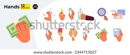 Hands hold things semi flat colour vector objects bundle. Many hands with food, money. Editable cartoon clip art icon on white background. Simple spot illustrations collection for web graphic design